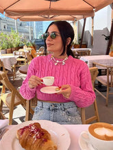 Rose Red Cropped Ribbed Pullover Elegant O Neck Long Sleeves Sweater